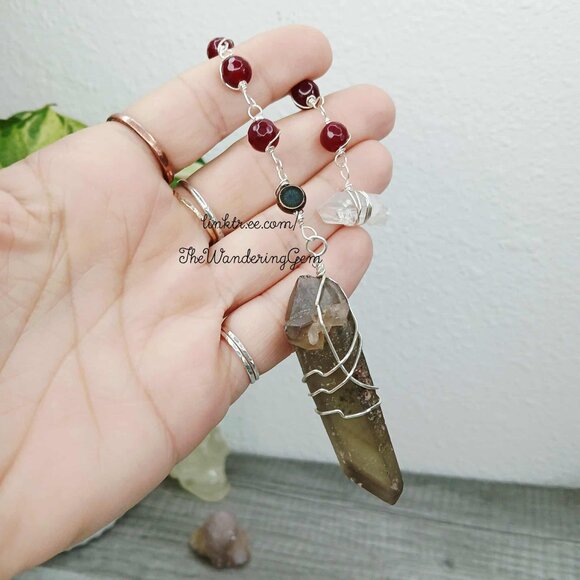 Large Smoky Citrine Dowsing Pendulum, Divination Tools, Garnet 8" - Picture 4 of 4